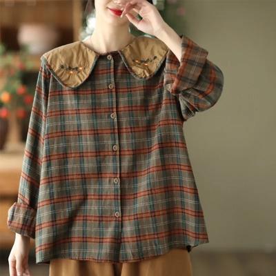 Camisa de cuello de muñeca bordada retro de primavera, camisa a cuadros de temperamento femenino, top a cuadros de manga larga