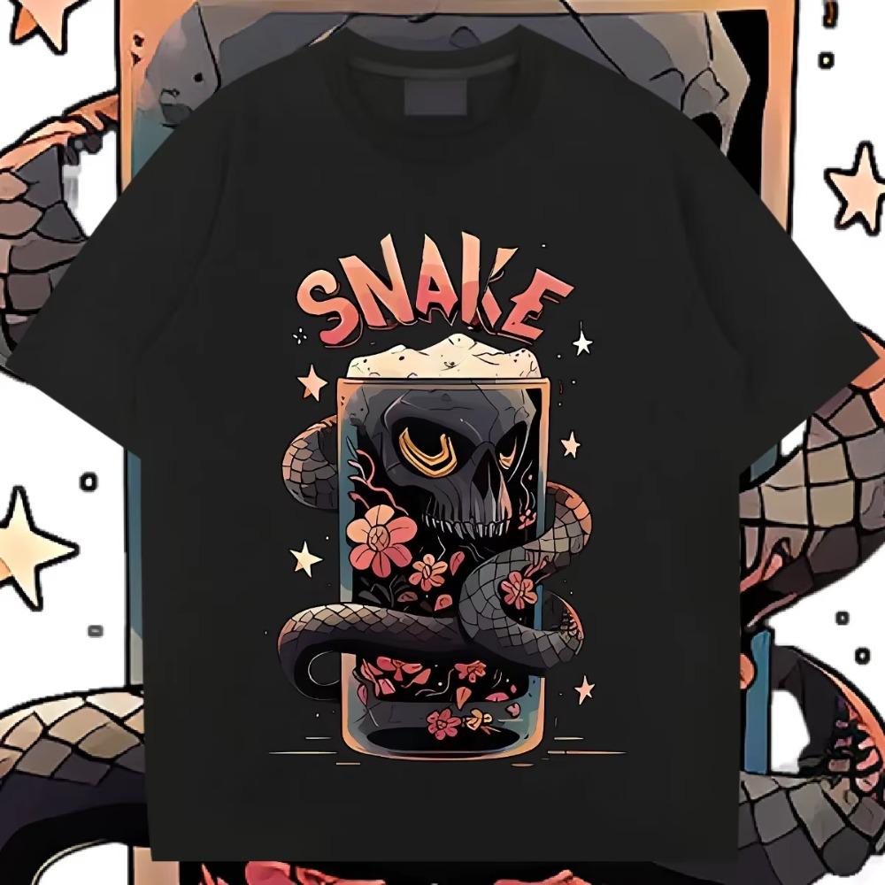 

Футболка с принтом змеи вокруг чашки, с коротким рукавом, с круглым вырезом, одежда в стиле хип-хоп, мужская футболка, футболка с HD графическим принтом, повседневные топы, футболка оверсайз XXXXXL чёрный