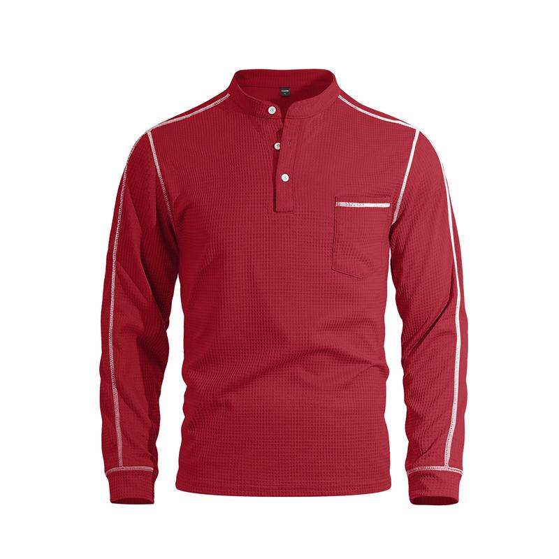 New Men's Waffle Long-sleeved Shirt with Patch-style Buttons, Henry Collar, Pocket-style Casual Outdoor Sports Men's Polo Shirt