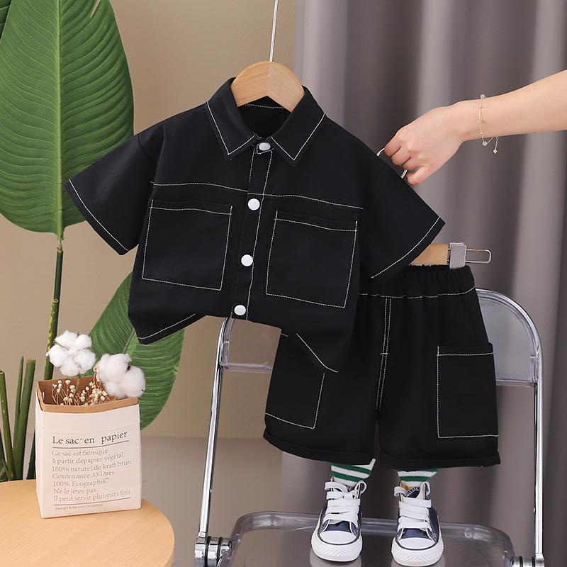 Kids Boy Summer Clothes Solid Worker Wear Children Clothing Boy Short Sleeve Cartoon T-Shirts Short Pants Tracksuit Suit Set