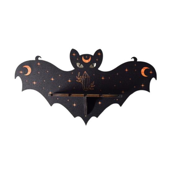 Halloween Bat Wall Floating Shelf Faux Crystal Display Shelf Wooden Candle Holder Wall Shelf Decoration Living Room Bedroom Bathroom Storage Rack