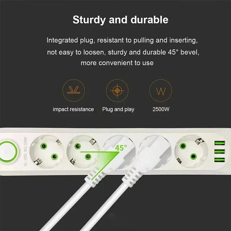 EU Plug Power Strip with 3 USB Ports 2M Cable Extension Cord Socket Network Filter Round Pin AC Outlet Electrical Charge Adapter