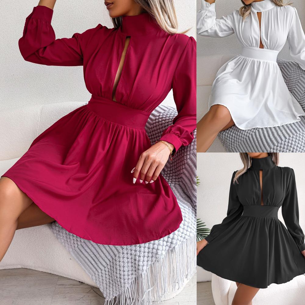 Falda plisada para mujer Vestido sexy con cintura hueca y vuelo amplio Vestidos midi casuales de color sólido