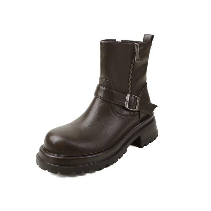 New leather black Martin boots side zipper thick-soled non-slip low boots versatile medium heel round head large size Martin boots