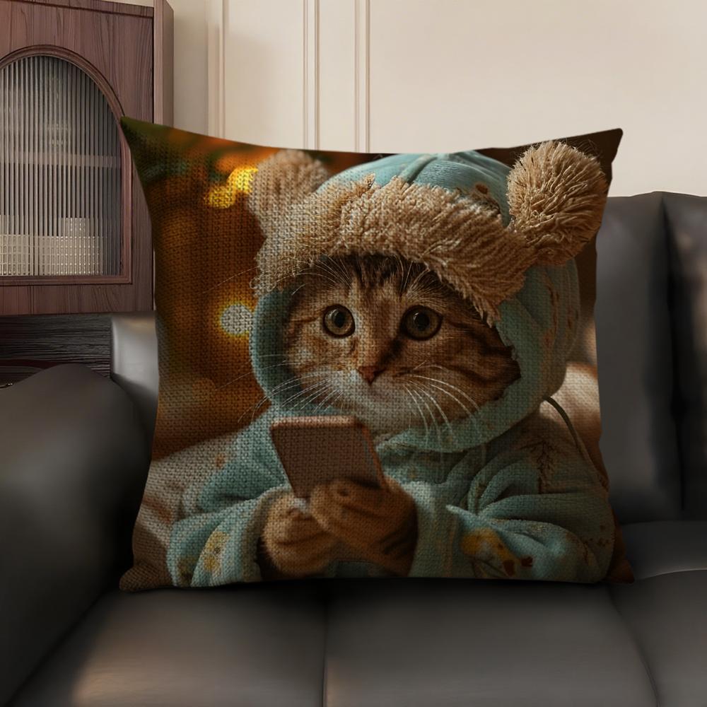 Cute Cat Holding Phone Cushion Cover Natural Linen Organic Fabric DoubleSided Printing Sofa Home Decor Gift Pillow Case