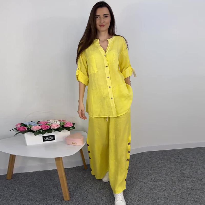 

2024 Autumn Women’s Solid Color Fashion Hollow-Out Loose Shirt & Casual Long Pants Set XL