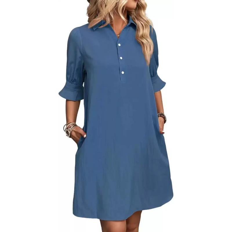 Women's Spring Autumn Casual Loose Solid Color Shirt Dress, Lapel Collar Short Sleeve Button Down A-Line Mini Daily Wear Dress