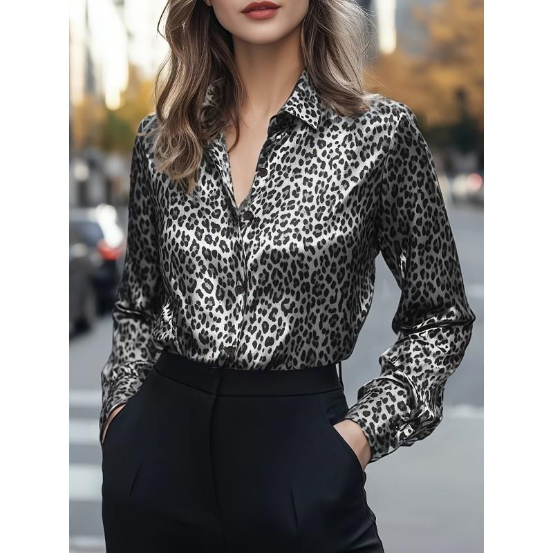 Womens Satin Print Long Sleeve Shirt Leopard Elegant Office Blouse