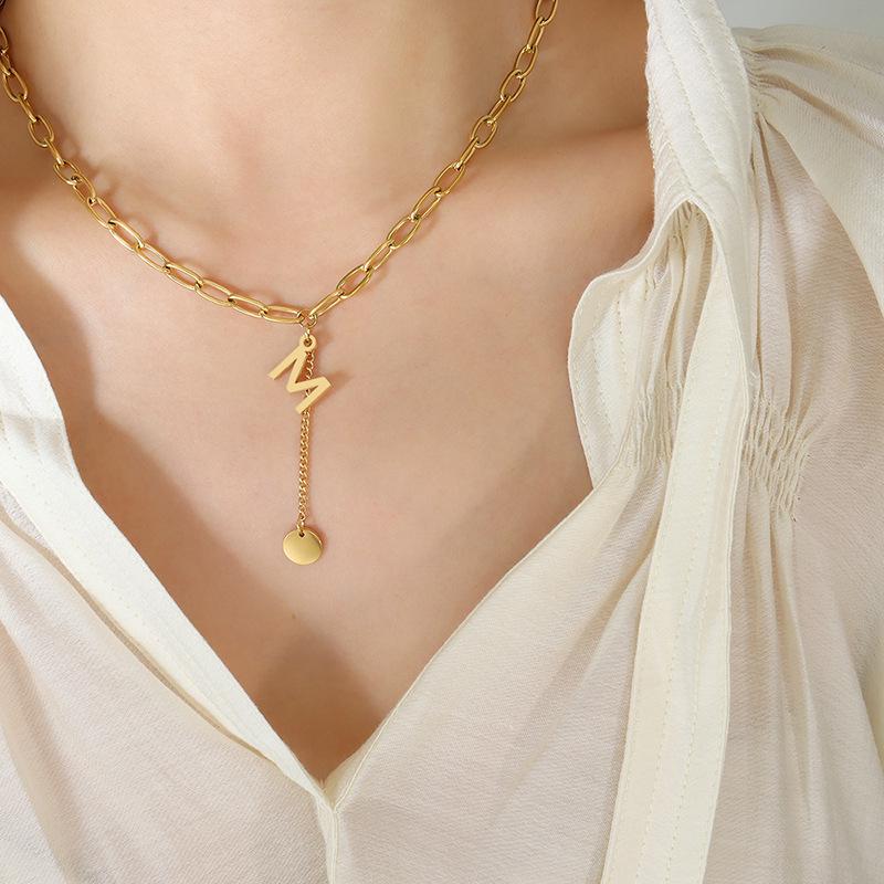 Gold-Plated Korean Style Round Pendant Clavicle Chain with English Letter M and Tassel - Fashionable, Personalized, and Non-Fading.