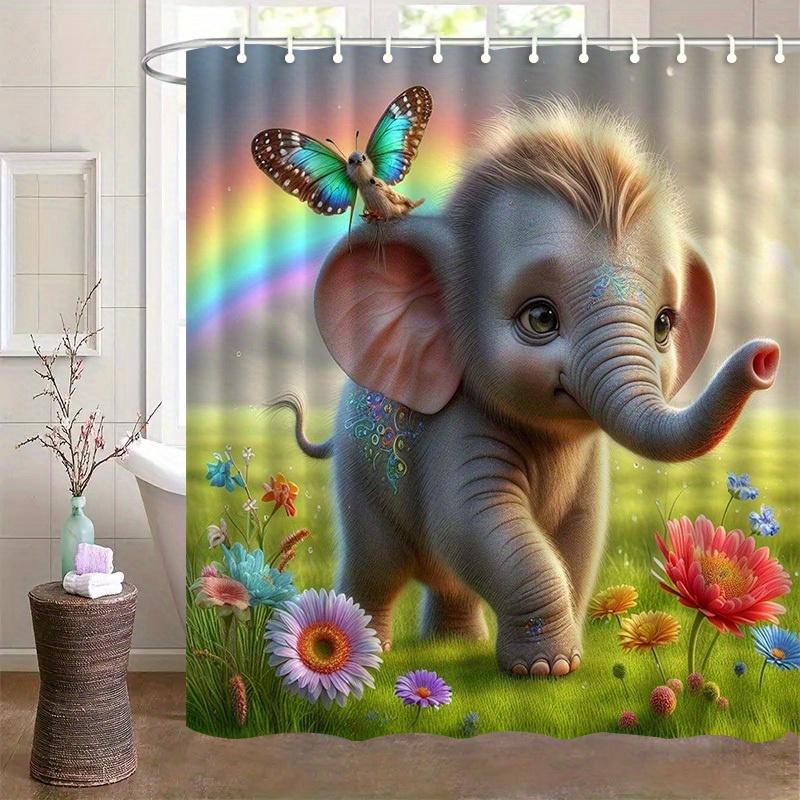 Cute Elephant Shower Curtain Baby Elephant with Butterfly Rainbow Flowers Art Kids Decor Waterproof Fabric Bath Curtain Set Home