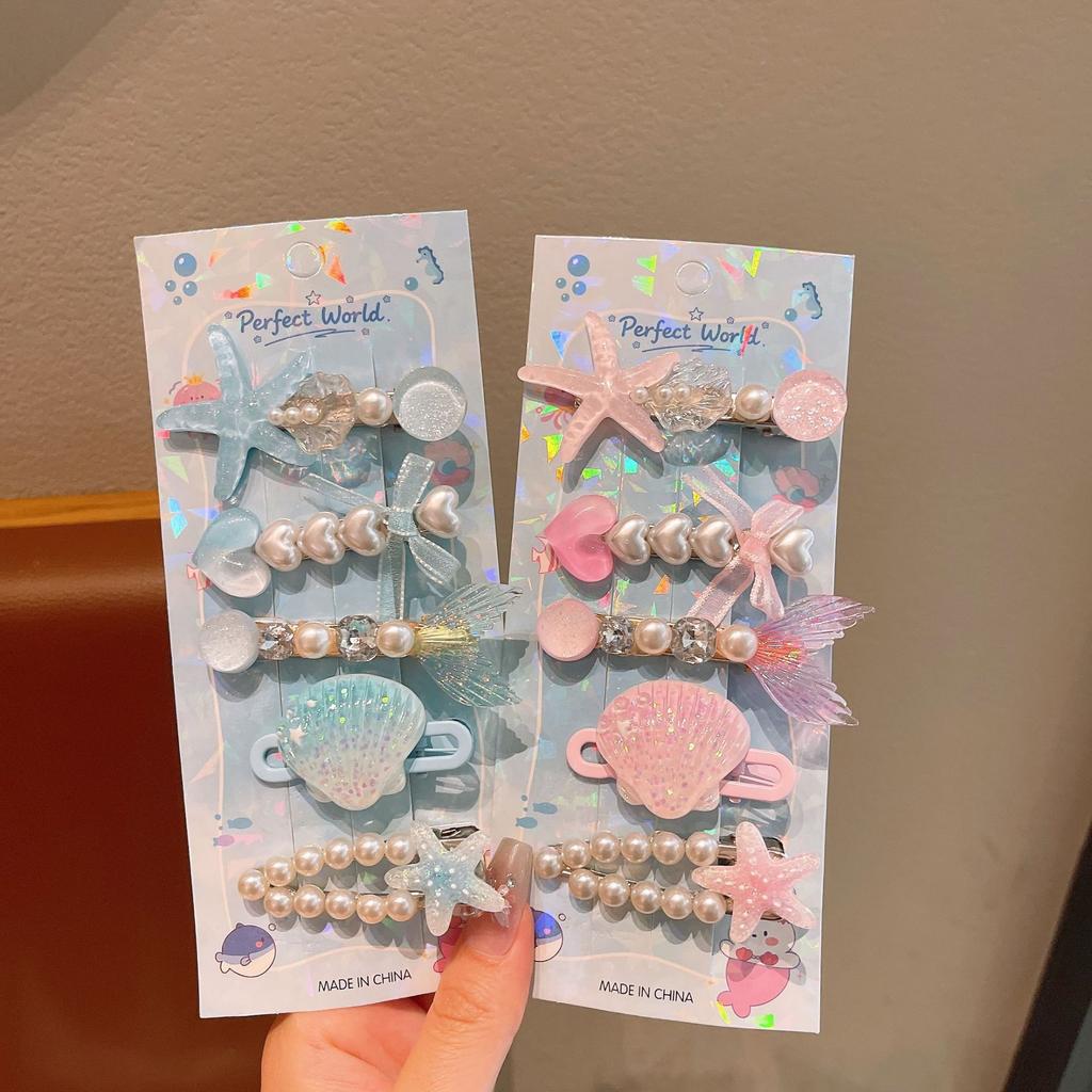 5Pcs Girls Cute Hair Clips Colorful Starfish Shell Pearl Design Duckbill Clip Children's Side Broken Hair Clips Mermaid Princess Hairpin Headdress