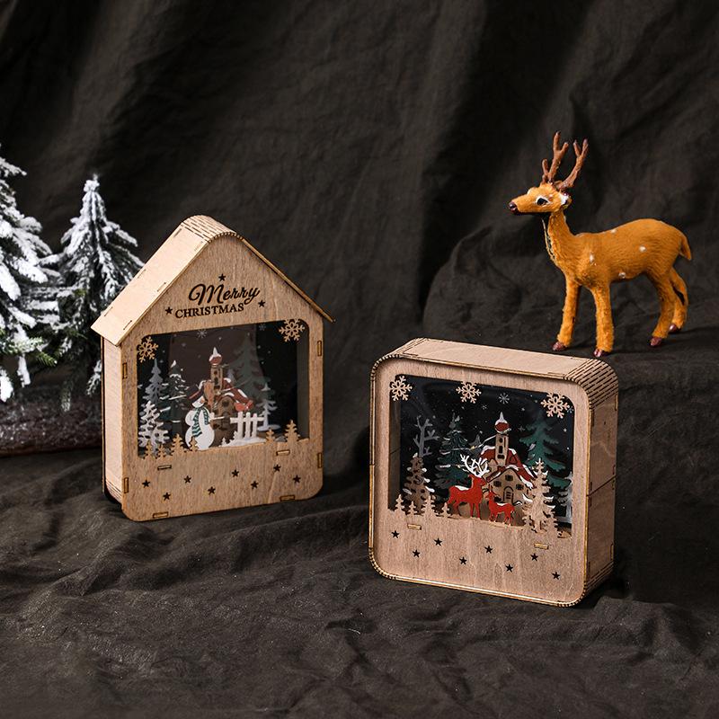 Christmas Glowing Log Cabin Painted Wooden House Window Scene Ornament Led Night Light Decoration Gift