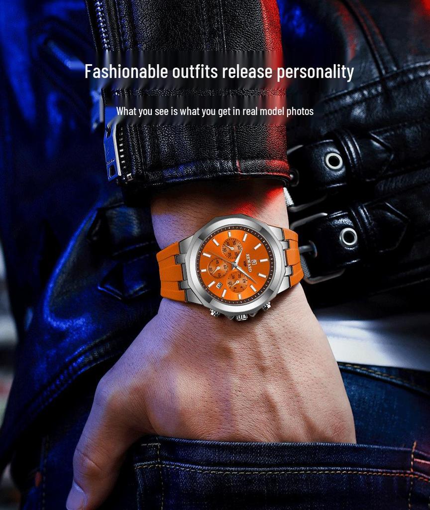 Men's Quartz Watch with Silicone Band, Multifunctional Design, Three Subdials, Six Hands, and Calendar.