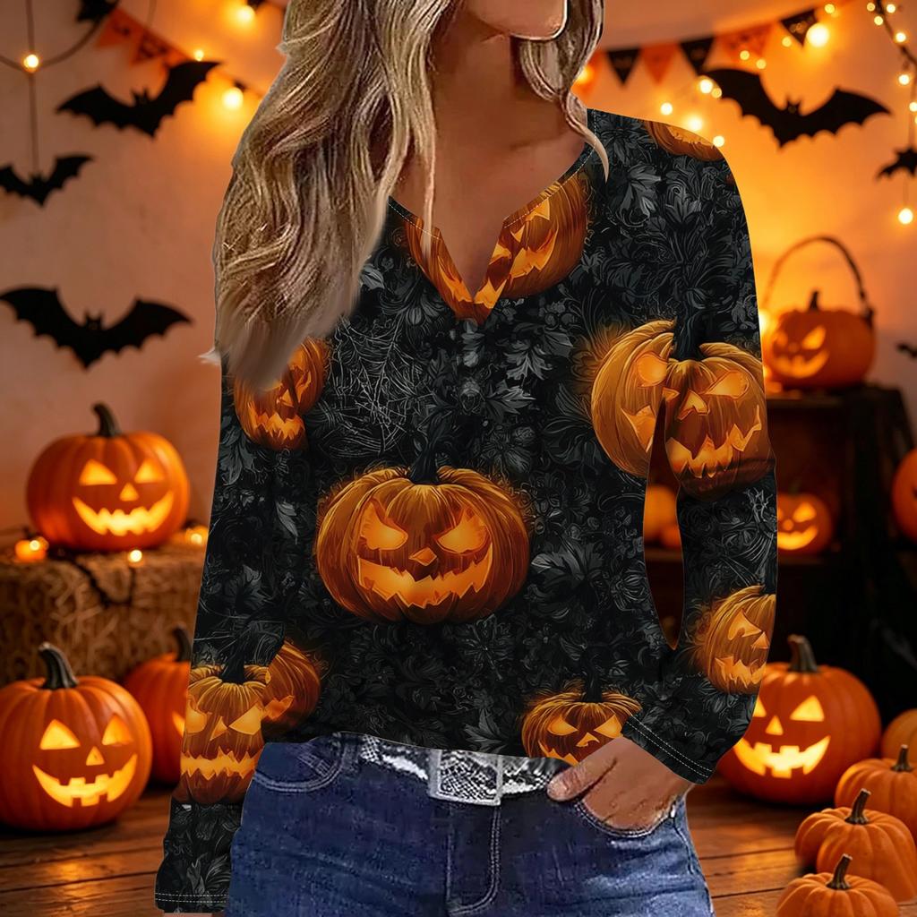 Women's Long Sleeve V Neck T Shirt Halloween Print Button Detail Casual Top Lightweight Soft Fabric Comfortable Fit