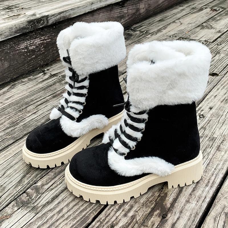 Women's Snow Boots Winter Plush Mid-calf Boots Fashion Casual High Top Cotton Shoes Lace-up Platform Boot Fur Women Winter Boots