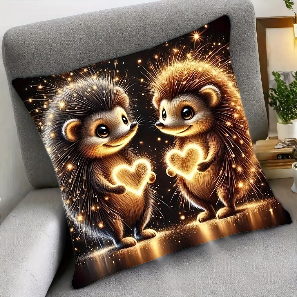 1Pc Hedgehog Love Heart Printed Throw Pillow Cover, Suitable For Sofa, Bedroom, A Healing Gift For Couples And Animal Lovers.