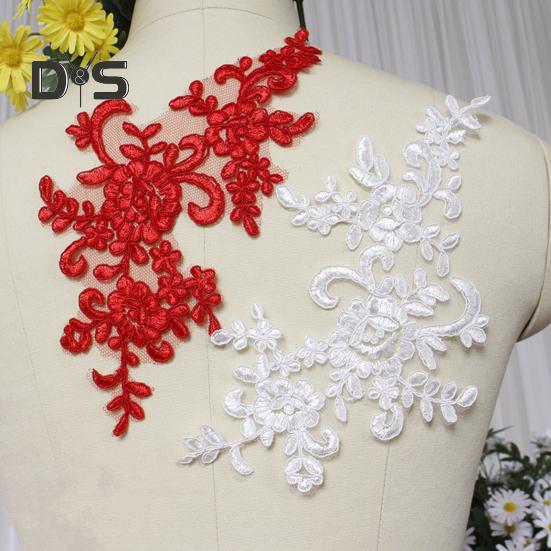 2 Pcs Embroidery Lace Applique Sewing Flower Fabric Collar Patch Motif Wedding Gown Dress Bridal DIY Crafts for Daily Wear Tailor Shops