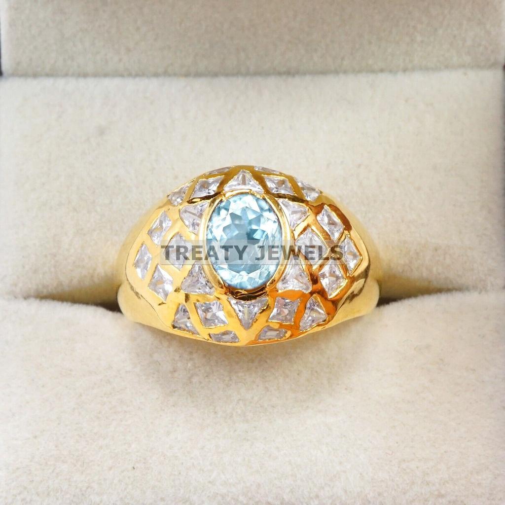 Aquamarine Oval Cut With 925 Sterling Silver Gold Plated Ring For Men's #A765 JL375659115888