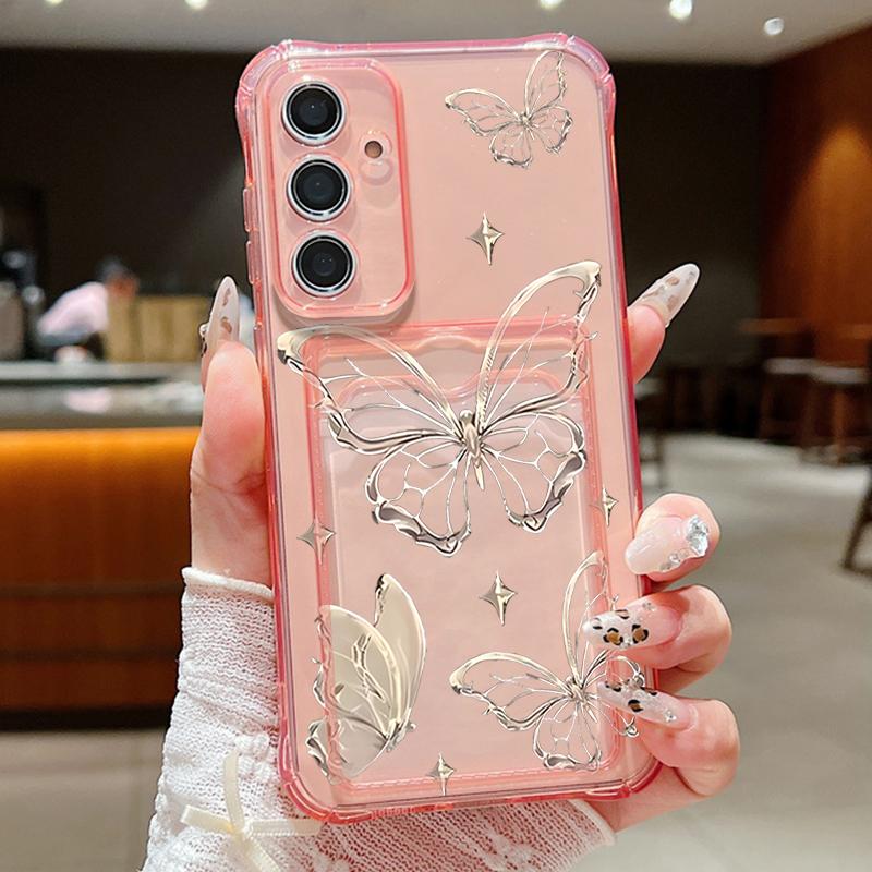 Gold Butterfly Print Card Bag Wallet Case For Samsung Galaxy S25 S24 S22 Ultra S23 S24 FE A56 A55 A35 A15 A16 5G TPU Phone Cover
