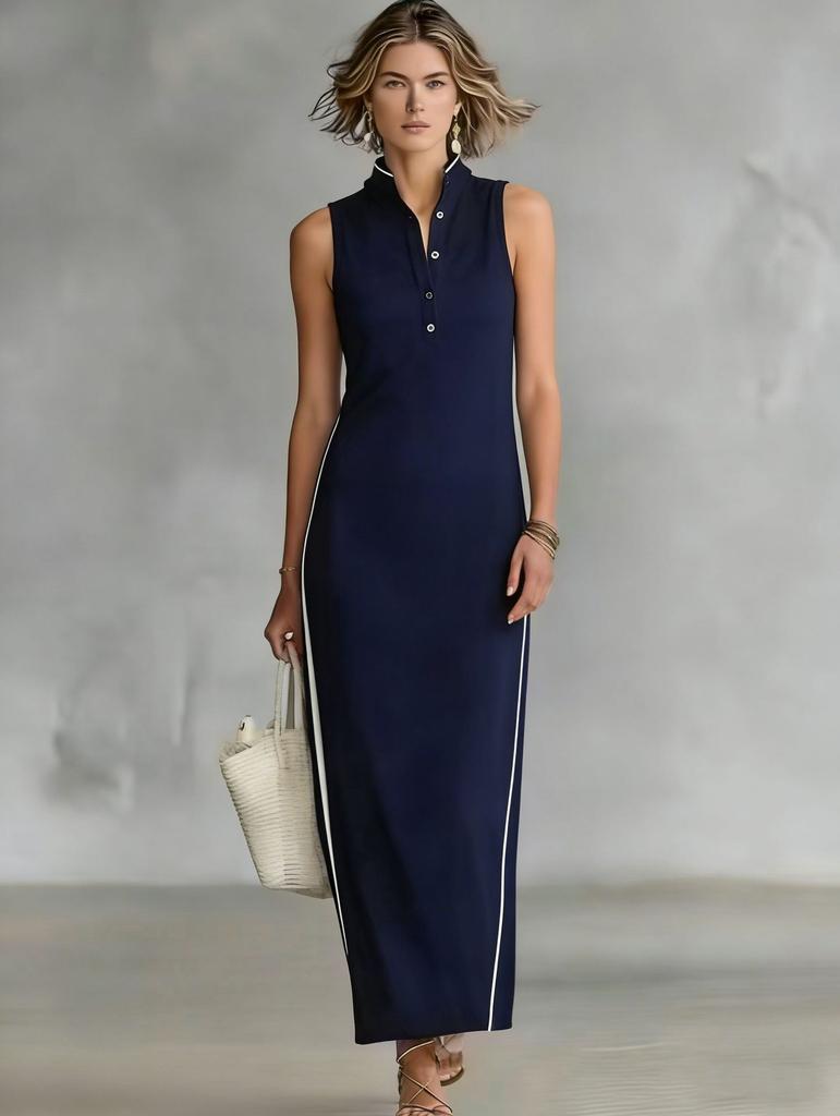 New women's style simple button-neck sleeveless long slim-fitting dress