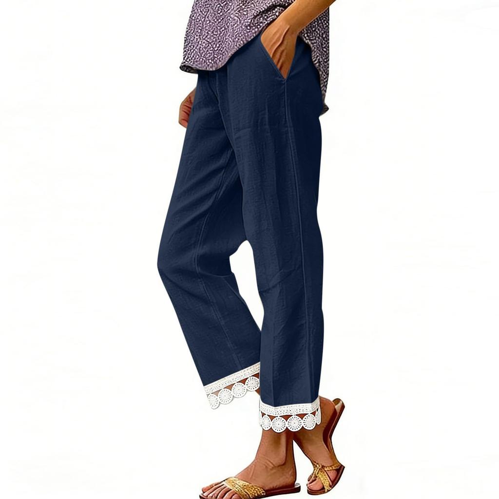 Women's Fashion Color Elastic Waist Pocket Lace Splicing Casual Straight Pants