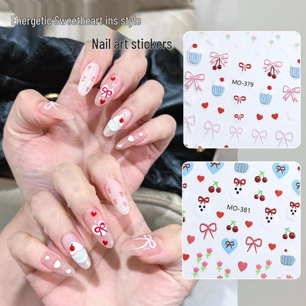 3D Cute Bow, Cherry, and Heart Embossed Nail Stickers - Self-Adhesive Decals