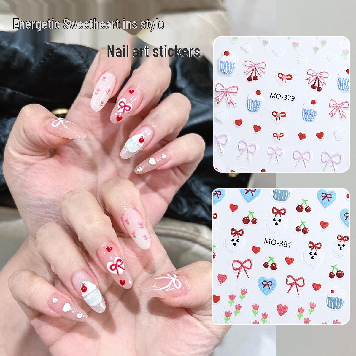 

3D Cute Bow, Cherry, and Heart Embossed Nail Stickers - Self-Adhesive Decals