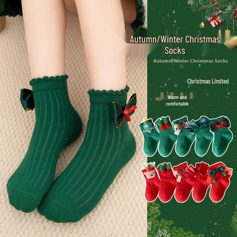 Children's Red Cartoon Christmas Socks - Cute Winter Girls' Princess Socks for New Year