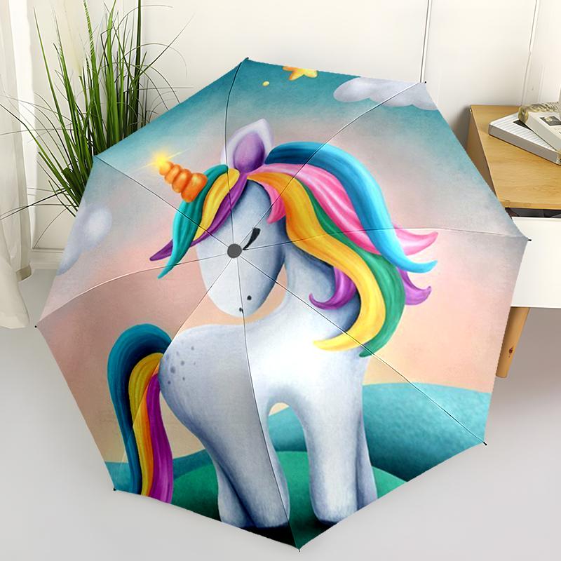 1PC Pink Unicorn Folding Umbrella Fashion Auto-Open Design 8 Iron Ribs Plastic Handle Foldable Sunshade Perfect Christmas Gifts