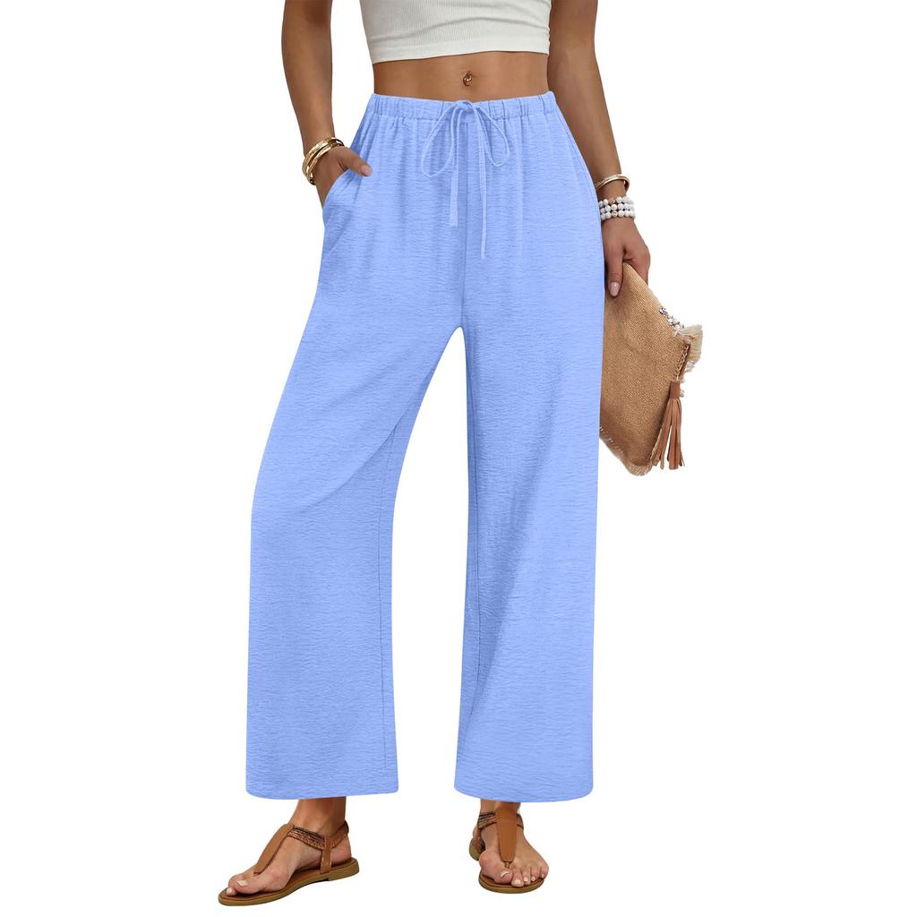 Women's Fashionable Wide-Leg Drawstring Pocket Plain Loose-Fit Cropped Casual Trousers