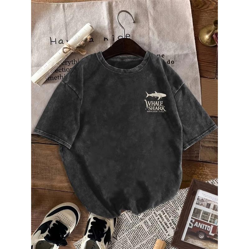 Hip Hop Unisex Washed Cotton Casual Loose Fit Graphic T-Shirt Whale Shark Cartoon Print Summer Short Sleeve