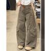 Pantaloni Cargo da Donna a Vita Alta Gamba Larga Vestibilità Larga Khaki Verde Vintage Multitasche Denim Lavato Pantaloni Casual Autunnali