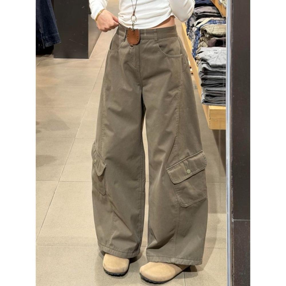 Pantaloni Cargo da Donna a Vita Alta Gamba Larga Vestibilità Larga Khaki Verde Vintage Multitasche Denim Lavato Pantaloni Casual Autunnali