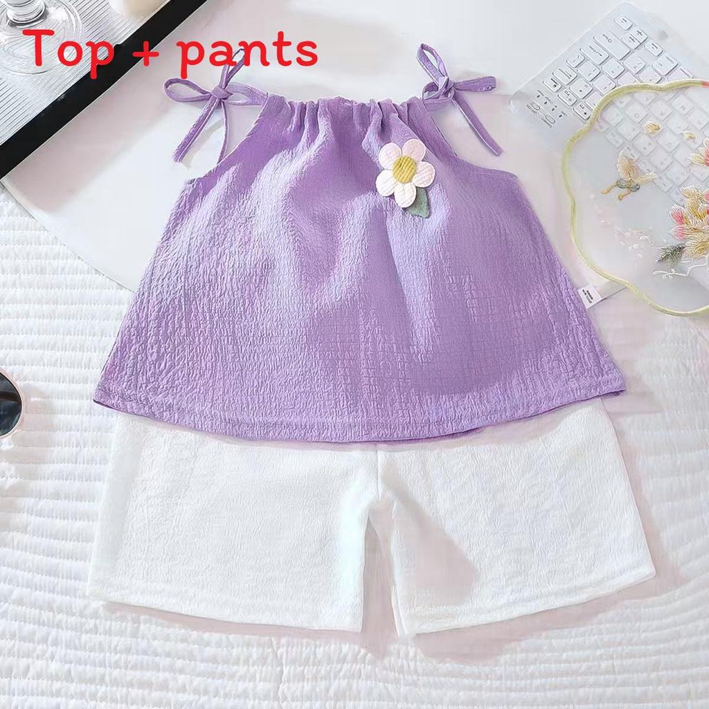 Summer Girl Floral Sleeveless Twopiece Set With Soft Polyester Fabric For Kids
