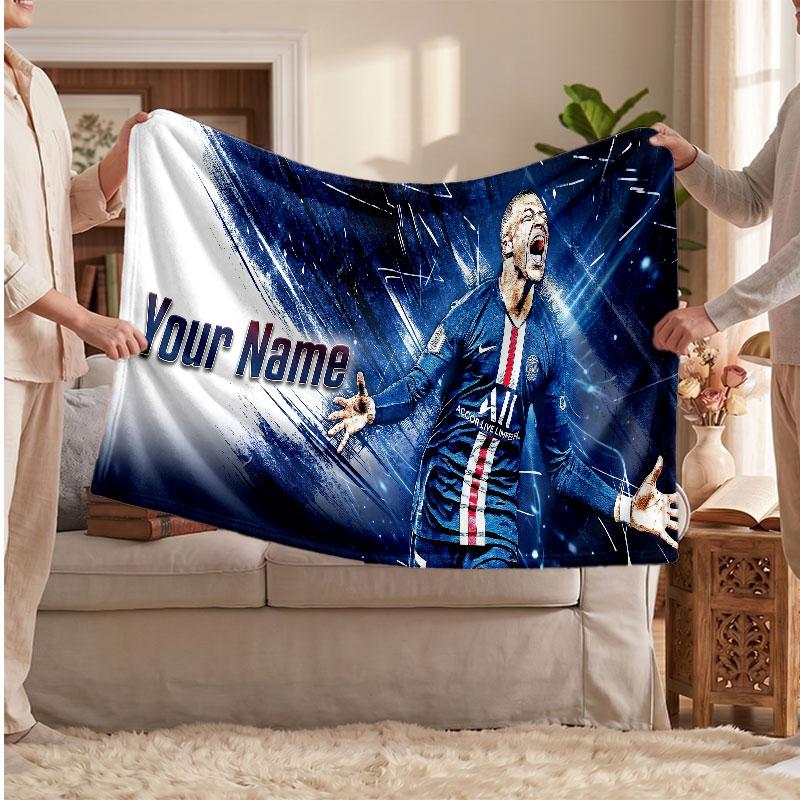 Kylian Mbappe Personalized Fleece Blanket With Football Logo, Custom Name Text Soft Warm Home Throw Blanket