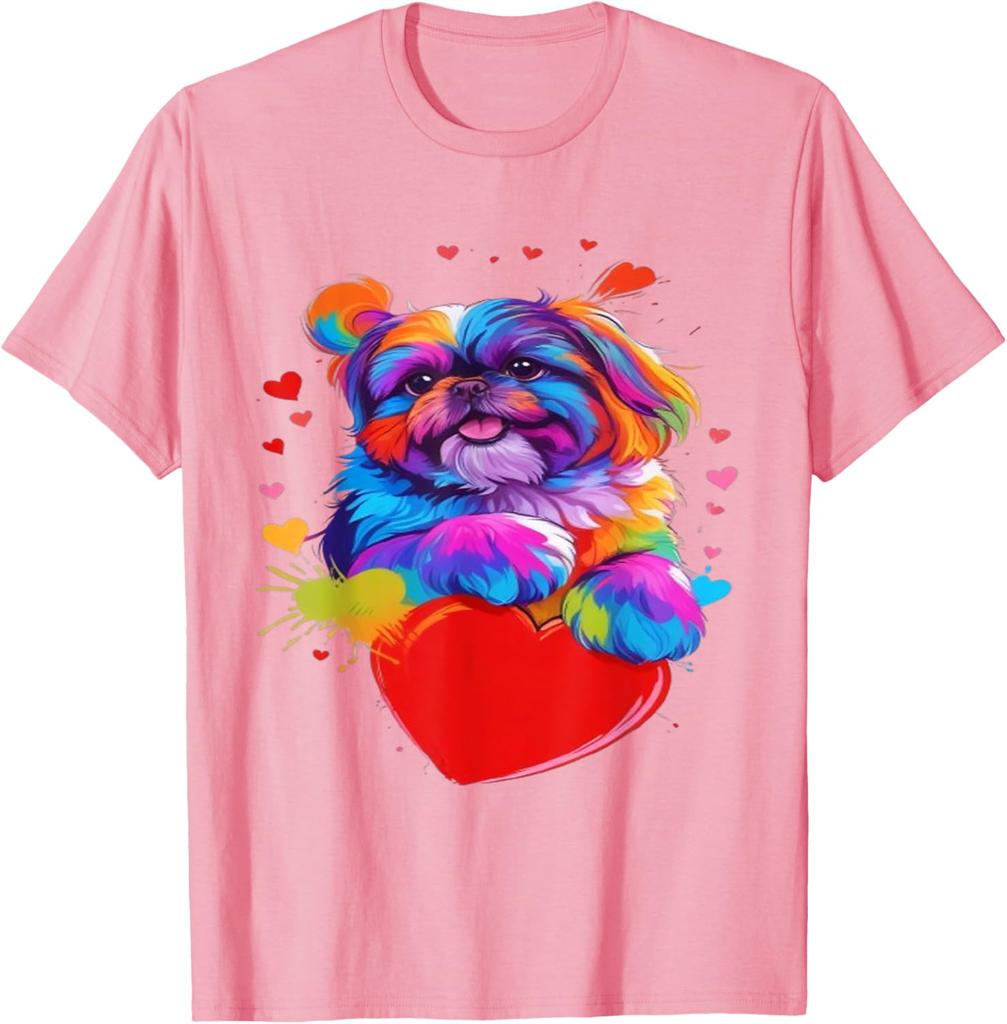 Colorful Shih Tzu Heart Graphic T-Shirt Cute Dog Lover Casual Short Sleeve Tee