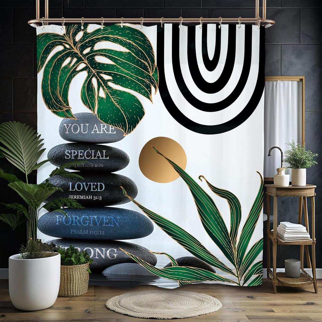 Abstract Zen Spa Shower Curtain Set Minimalist Bible Meditation Modern Aesthetic Contemporary Green Plant Leaves Monstera