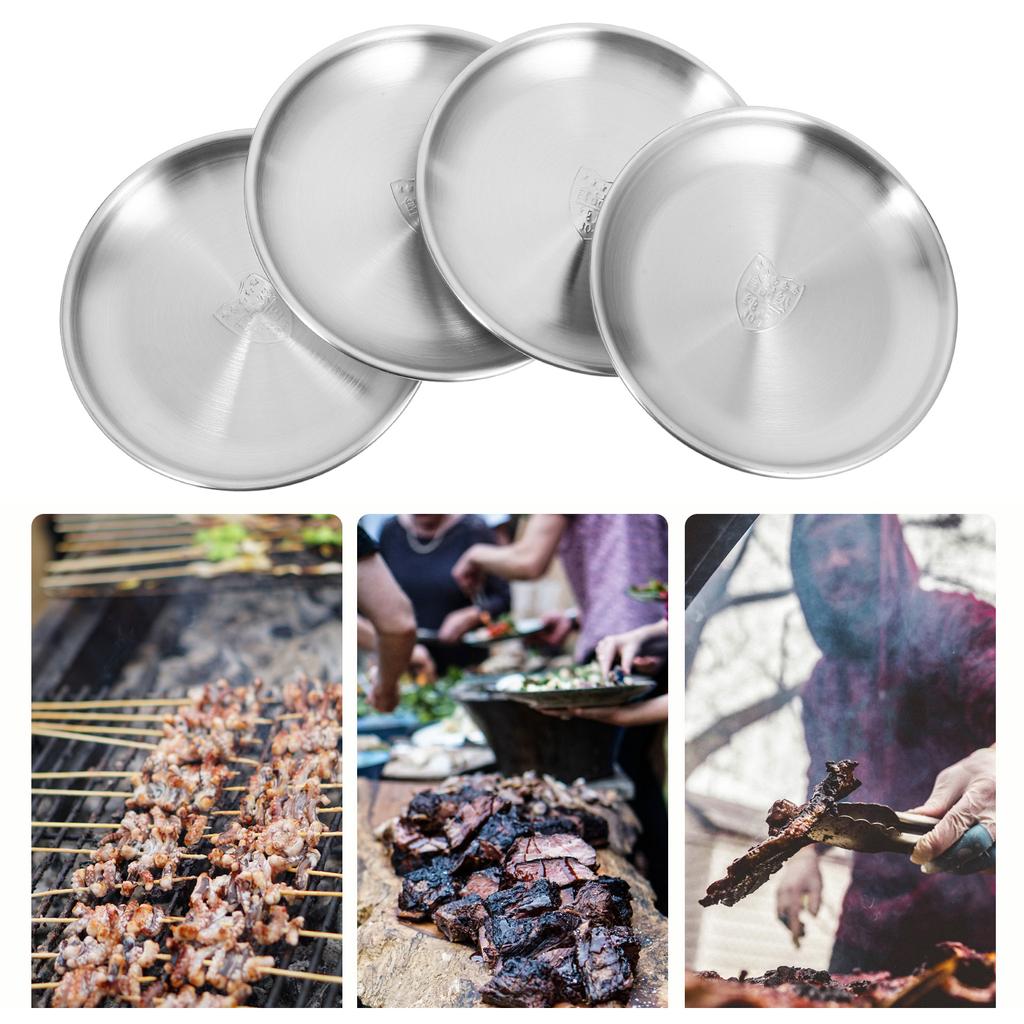 4 Pcs Stainless Steel Tray Plate Food Round Silver Vintage Dinner Dish Cake Dessert Metal