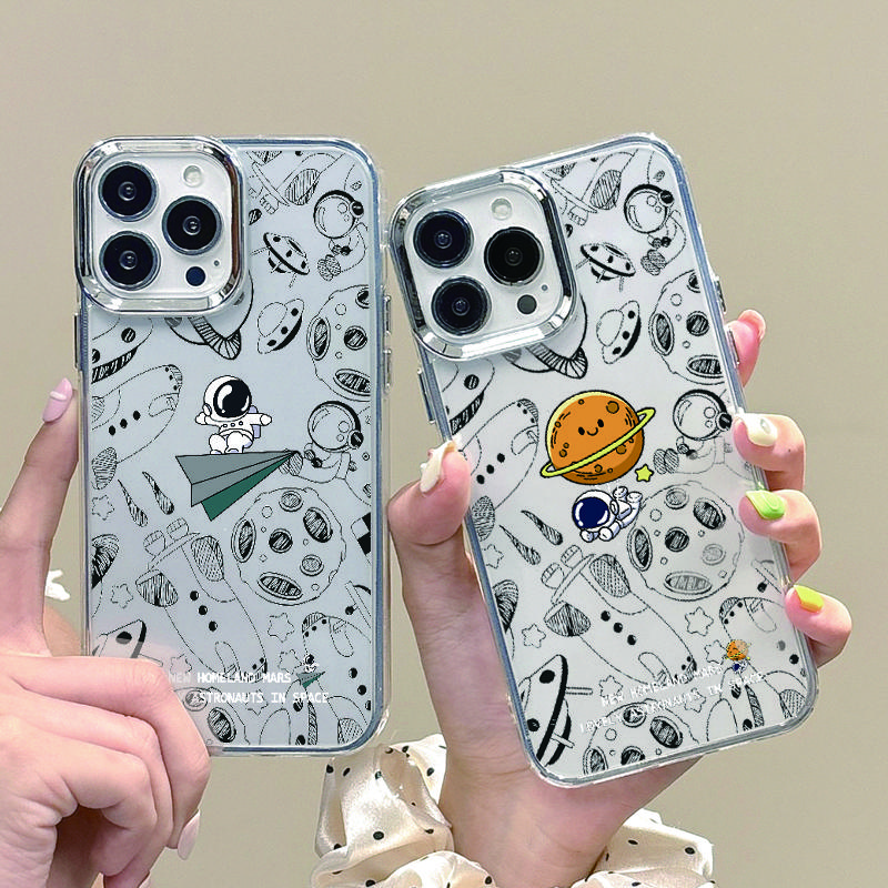 

Cartoon Astronaut Pattern Clear Case for iPhone 16 Pro Max 15 Pro 14 Plus 13 12 Pro Max 11 Plating Lens Frame Shockproof Soft Tpu Case Cover iPhone 16