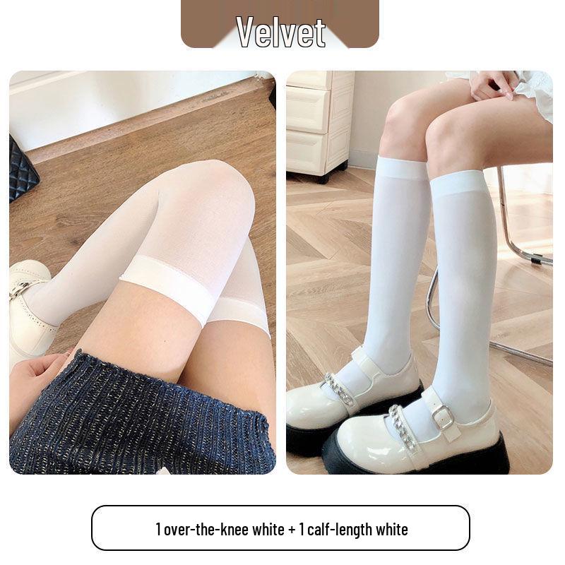 Women's White & Black Japanese Thigh High Silk Stockings - Spring/Summer Velvet Over-the-Knee Socks