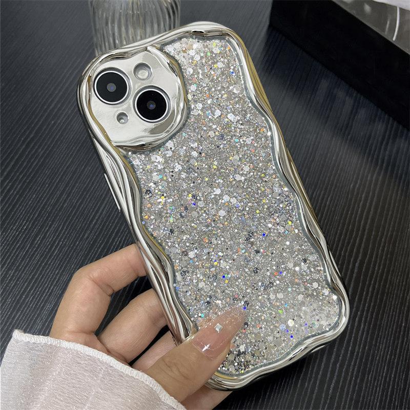 Luksus galvanisert Silver Glitter Drop selvklebende deksel til iPhone 15 14 13 12 11 Pro Max XS XR All-inclusive Fallbeskyttelsesdeksler