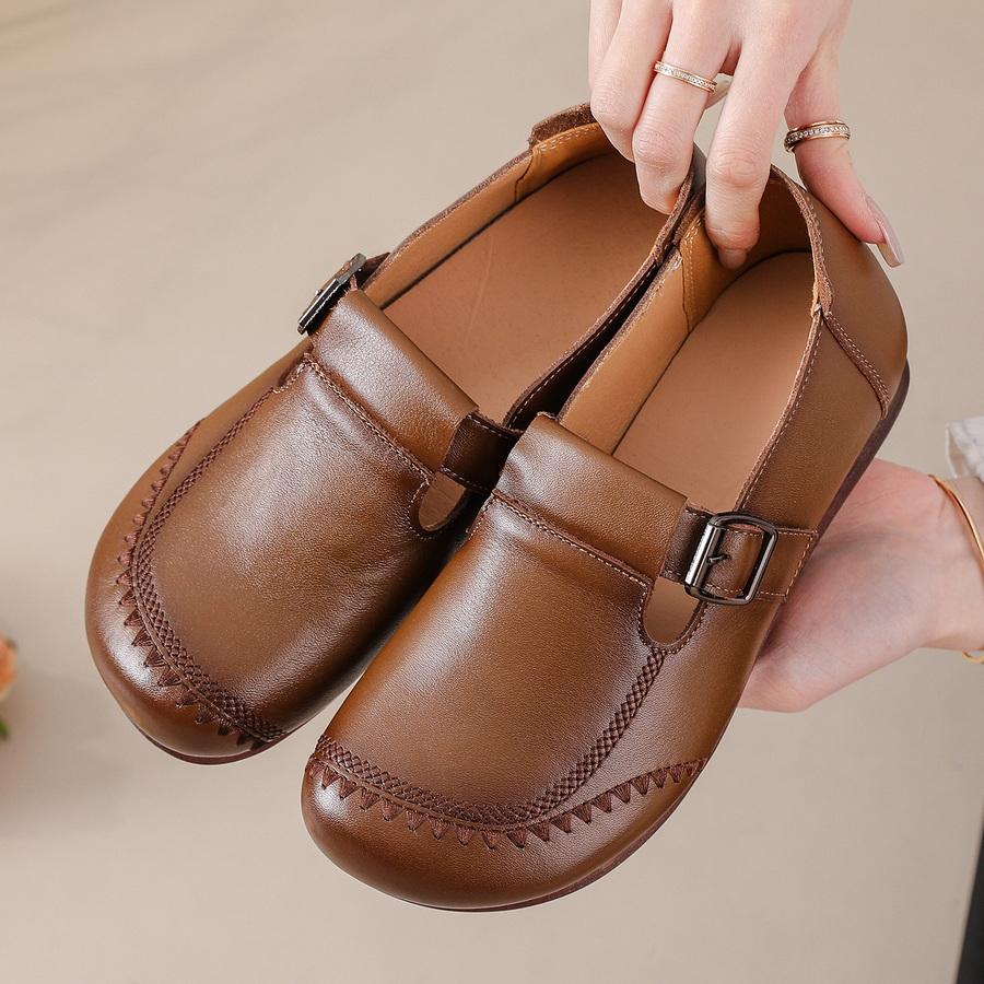 Vintage Exquisite Buckle Flats Women Genuine Leather Handmade Hollow Out Breathable Non Slip Moccasinsladies Summer Dressy Shoes