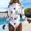 Women Long Sleeve One Piece Swimsuit Zip Front Flower Print Rash Guard Surfing Bathing Suit
