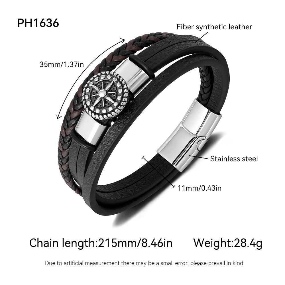 Кожаный браслет для электронной коммерции, мужской, из нержавеющей стали, персонализированный дизайн, восьмиконечная звезда, многослойный плетеный, титановый