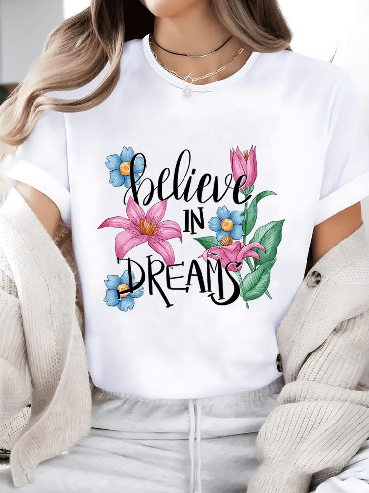 (Asian Size) Watercolor Flower Trend 90s Print Short Sleeve T-shirts Fashion O-neck Female Casual Women's Top T Clothing  Graphic Tee