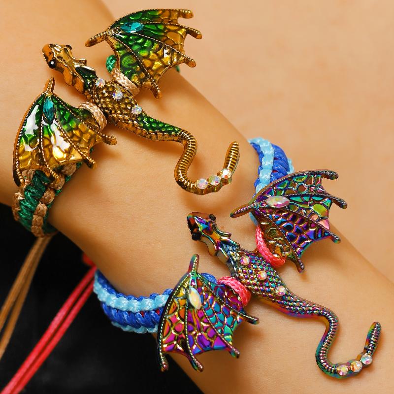 Vintage Hand Woven Dragon Hand Rope Enamel Diamond Inlaid Flying Dragon Jewelry Waterproof for Travel Wear
