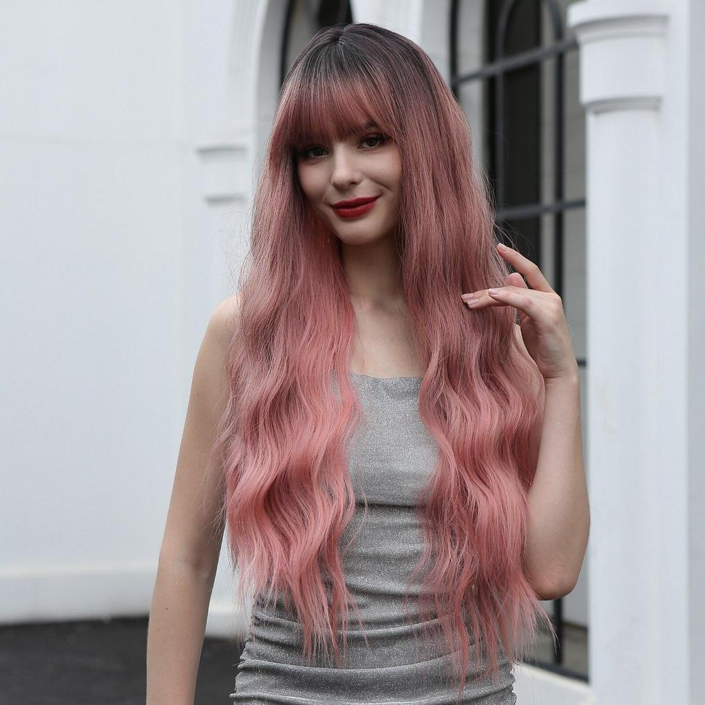 EASIHAIR Dlouhé růžové ombré vlnité syntetické paruky s ofinou, paruky z přírodních vln pro ženy, cosplay, denní paruky, vlákno odolné vůči teplu
