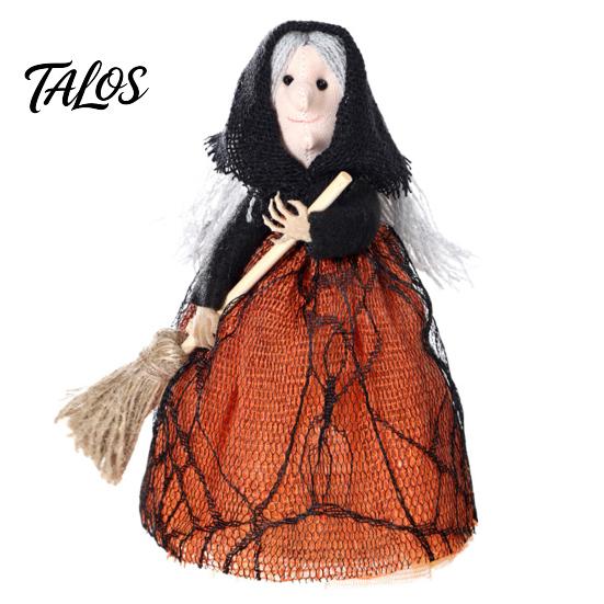Retro Witch Figurine Halloween Kitchen Doll, Small Statue with Broom, Black And Orange Doll Tabletop Party Decoration for Table Fireplace Holiday Home