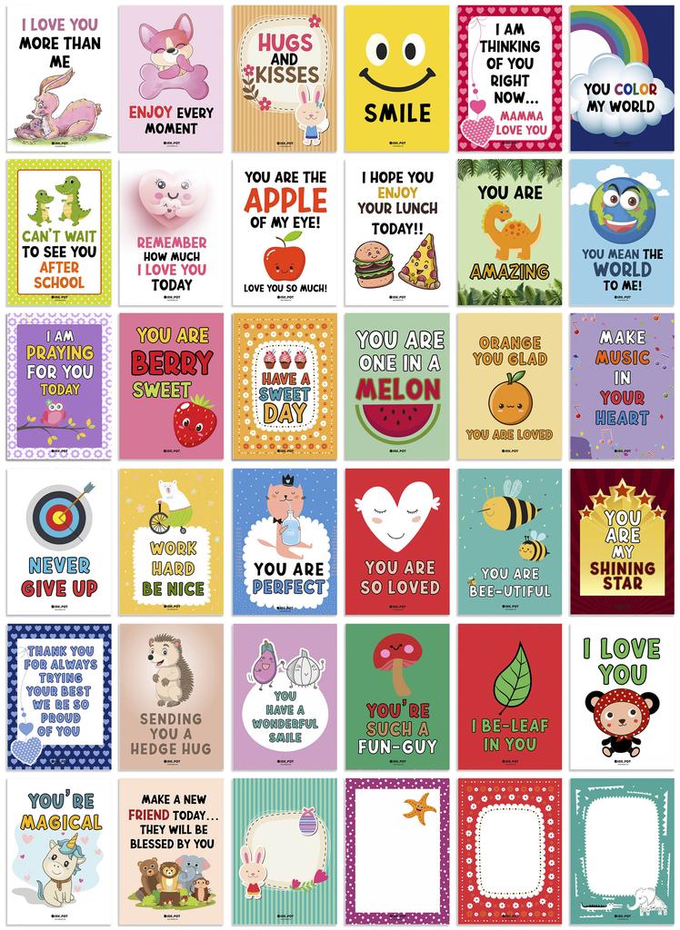 Inkdotpot 36 Karten Lunchbox-Notizen für Kinder, tägliche inspirierende Zeilen, glückliche Gedanken für Kinder, Schüler