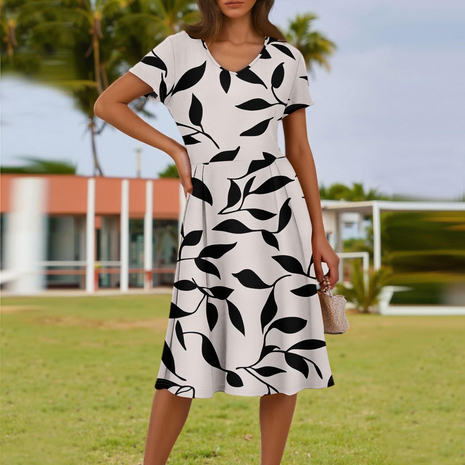 

Женское летнее модное повседневное платье с цветочным принтом, V-образным вырезом, короткими рукавами и карманом XL бежевый